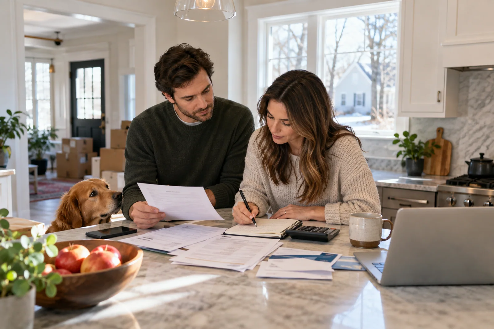 A new homeowner organizes first-month expenses and utility notes at a kitchen counter.