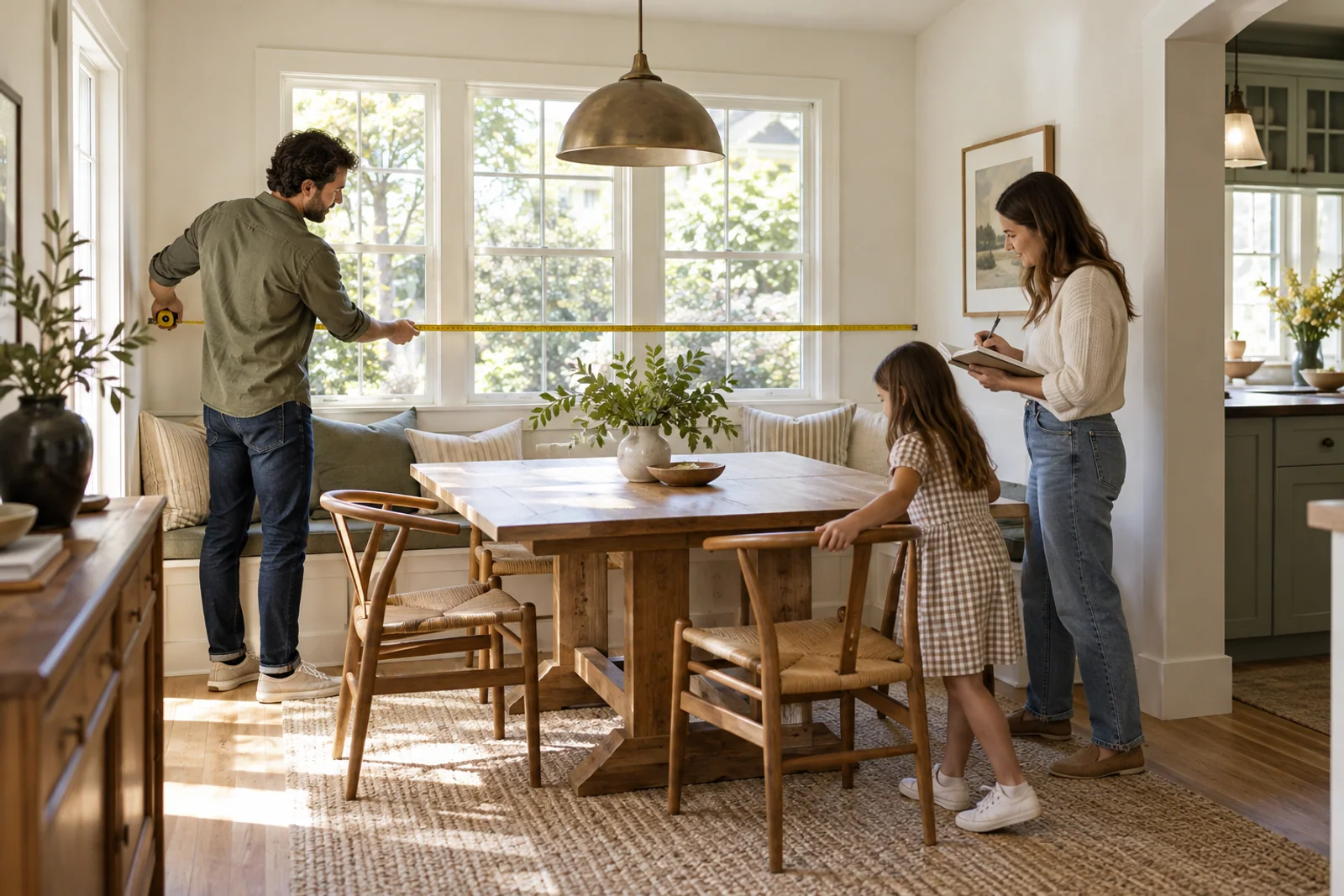 A buyer compares an appliance checklist with the kitchen and laundry areas of a home.