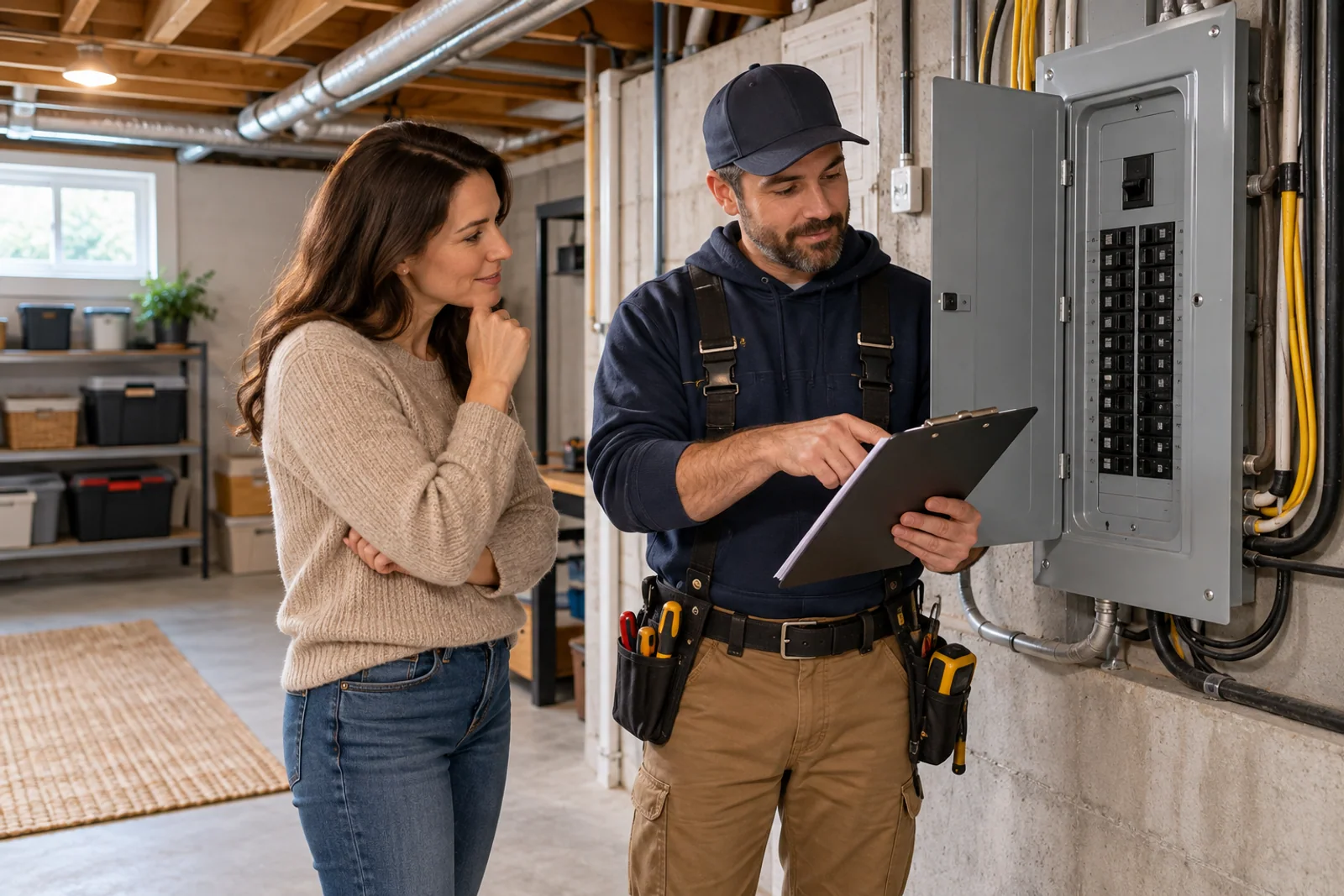 A homebuyer reviews heating-system service notes near a clean mechanical room.