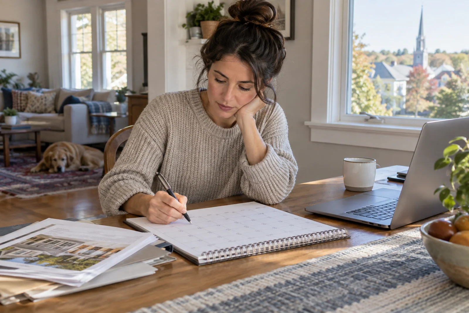 A renter organizes lease and home purchase dates on a paper calendar.
