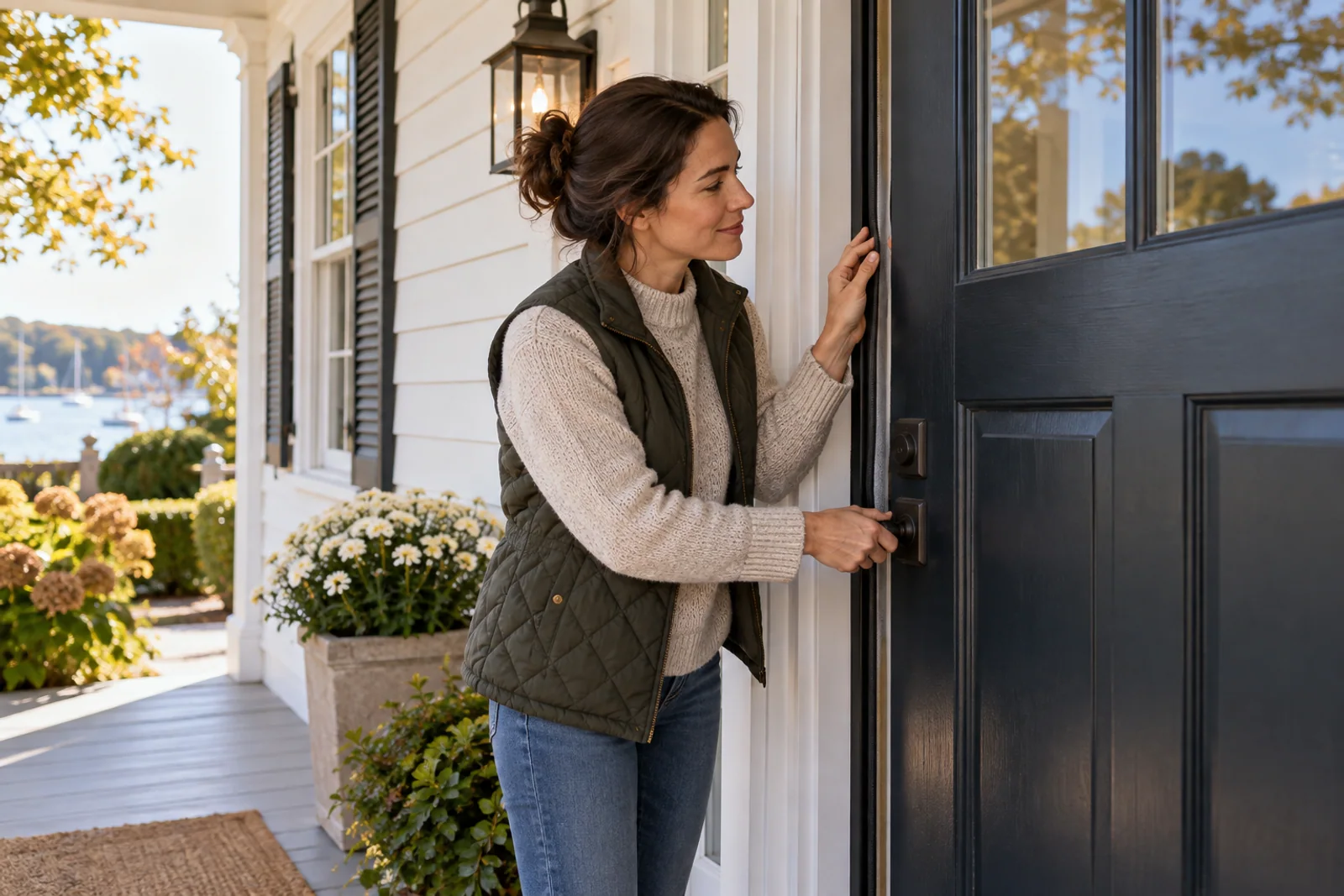 A buyer measures a doorway and records room dimensions in an older New England home.
