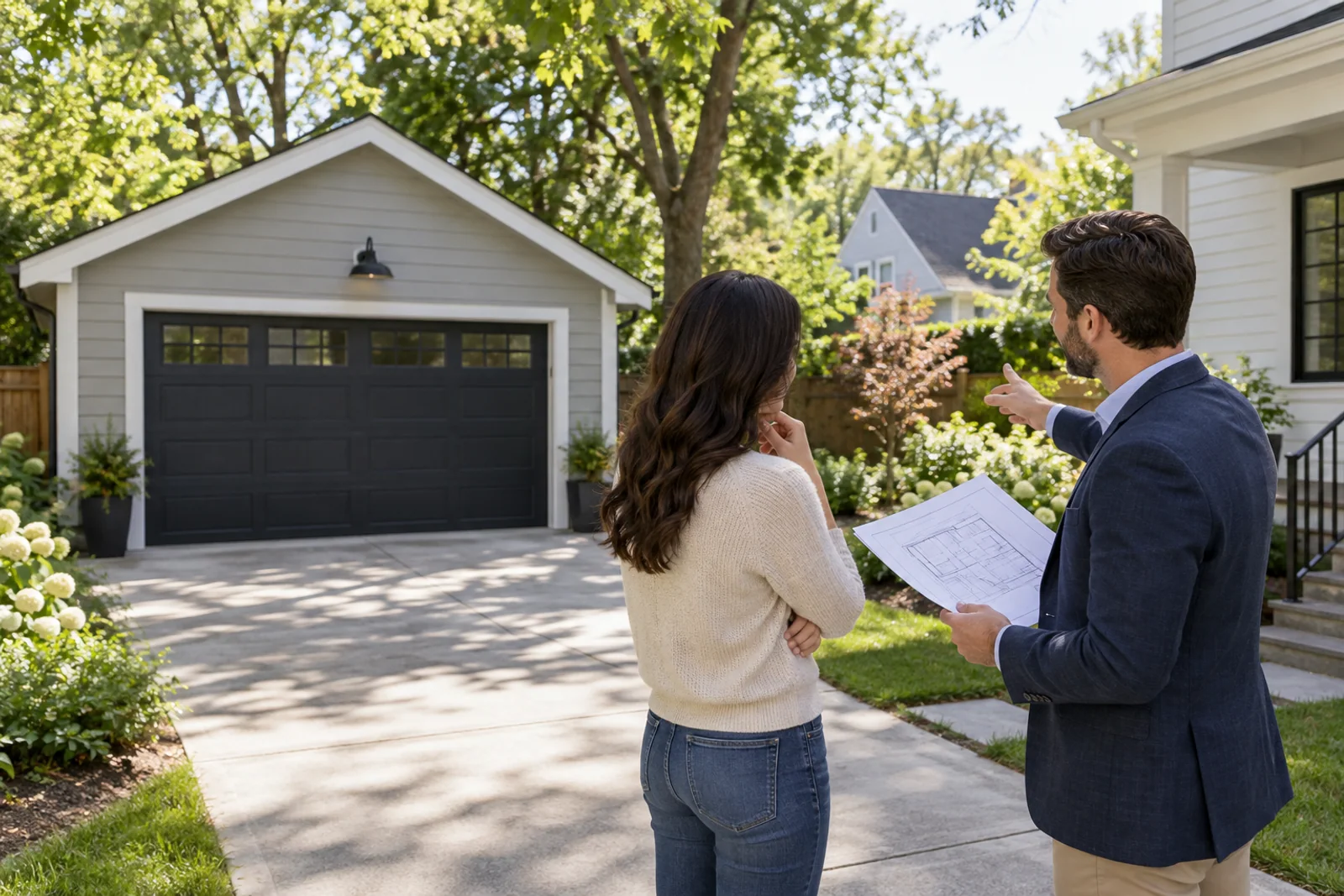 A buyer reviews roof invoices and a dated maintenance note beside a property file.