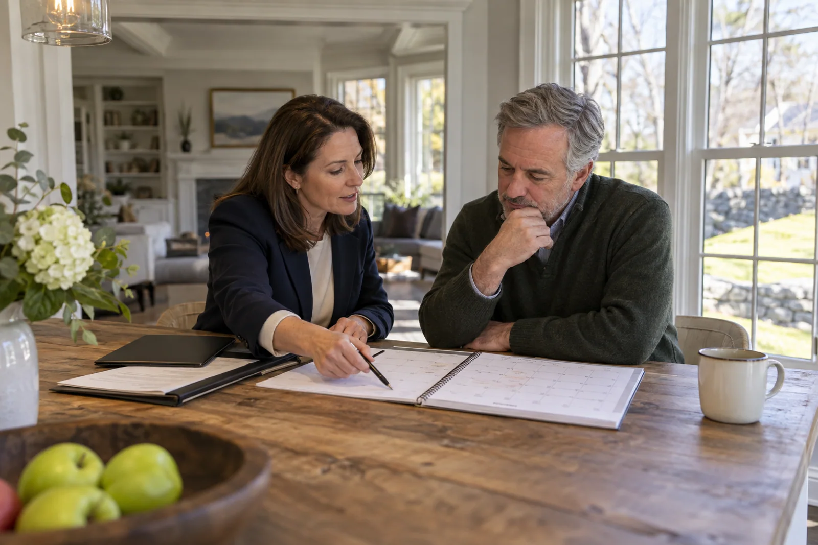 A homeowner and advisor discuss a dated occupancy calendar after a sale.