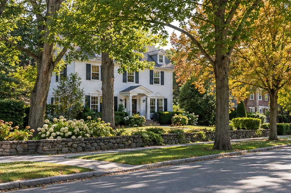 A tree-lined Wellesley residential street and traditional New England colonial home in natural light.