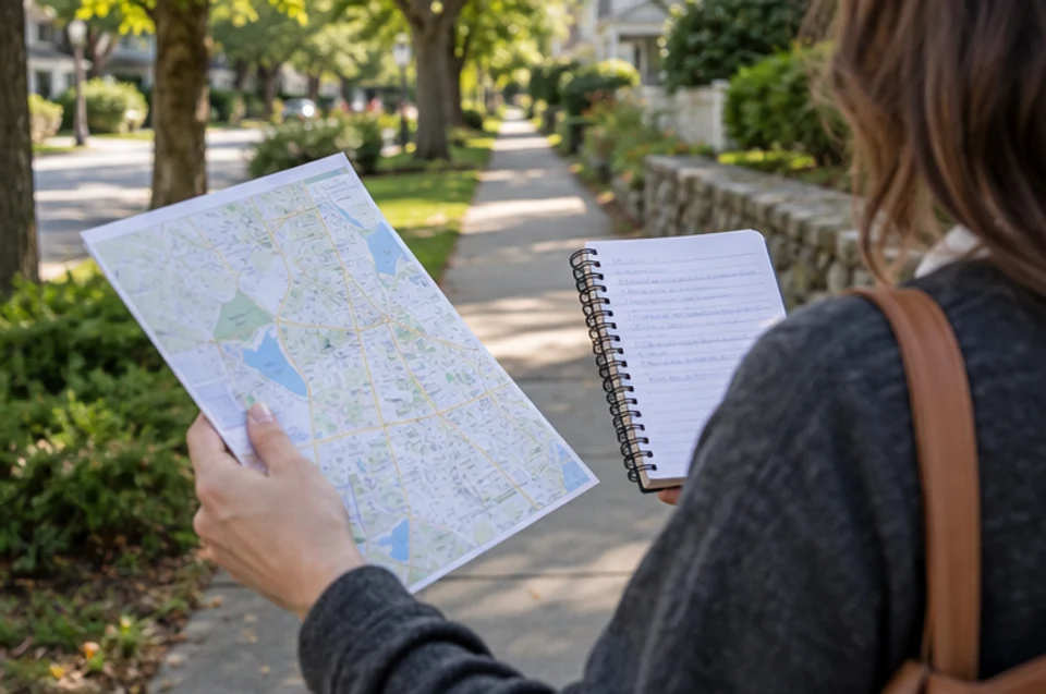 A buyer reviewing a paper route map and notes during a Wellesley-area home search.
