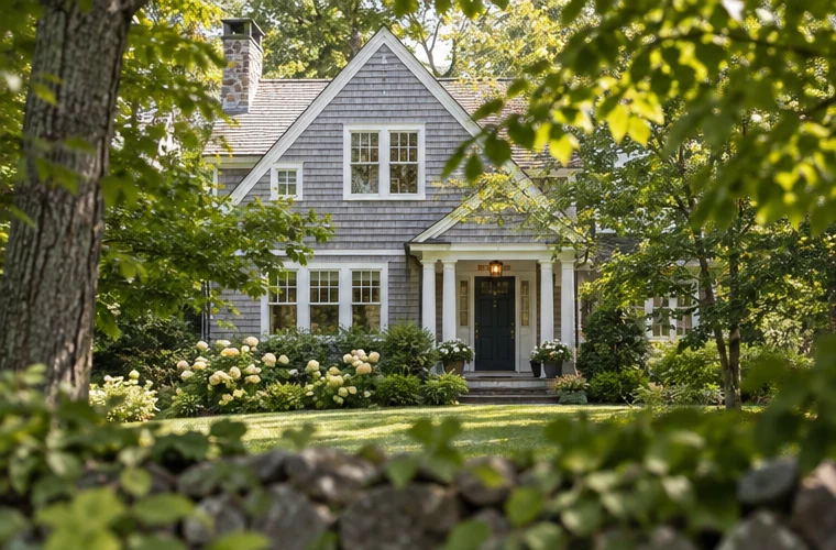 A shingle-style home partly screened by trees on a Wellesley-area street.