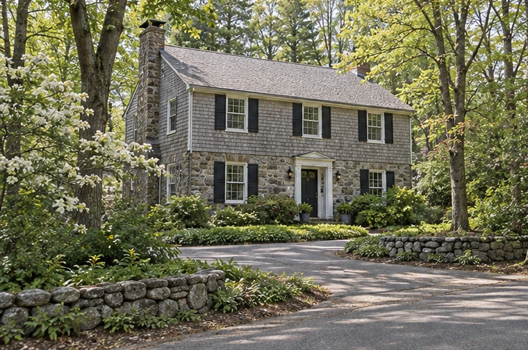 An older New England home set back among mature trees in Weston, Massachusetts.