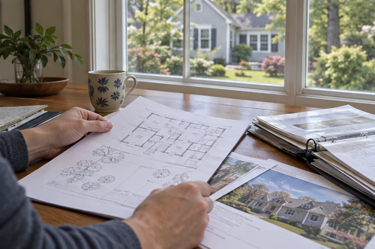 A buyer reviewing plans and property records at a table near a Weston-area home.