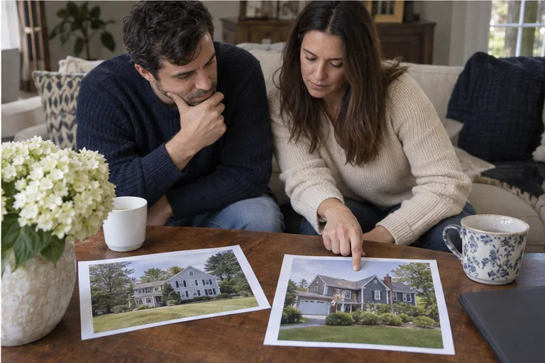 A buyer reviewing photographs of two different New England homes before comparing Weston and Wellesley listings.