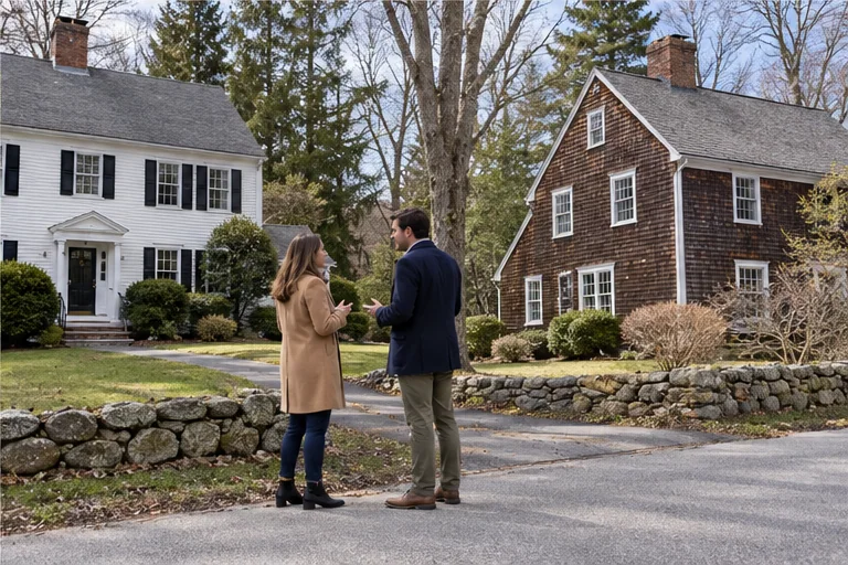 A prospective buyer and agent discussing two distinct homes in a Weston or Wellesley setting.